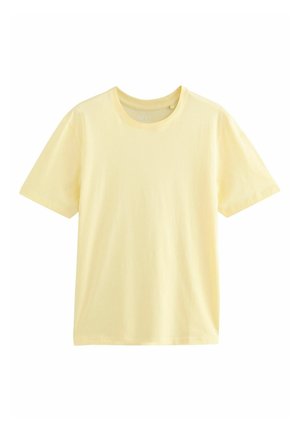T-Shirt mit kurzen Ärmeln und Rundhalsausschnitt in hellgelb. Hergestellt aus weicher Baumwolle mit glatter Textur und einem lockeren Schnitt. Keine grafischen Details.