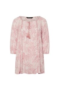 Vaaleanpunainen paisley-kuvioinen tunika, jossa on kolme neljäsosaa hihat, kerätty kaula-aukko ja tupsuyksityiskohta. Valmistettu kevyestä kankaasta, jossa on rento istuvuus.