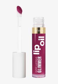 Aceite labial Glimmer Super Lustrous de Revlon en un tubo transparente con una banda dorada, que presenta un aplicador inclinado con aceite labial de color magenta oscuro.