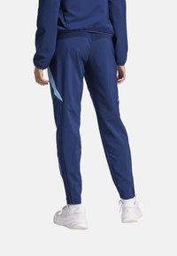 Marineblauwe trainingsbroek met lichtblauwe accentpanelen, taps toelopend ontwerp en elastische tailleband. Gemaakt van een zachte, rekbare stof voor comfort.