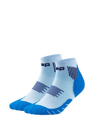 Pair of blue and white ankle sports socks with dark blue stripes and text details, designed for athletic use.