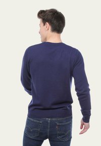 Pull bleu marine à manches longues, col rond et poignets côtelés. Porté par une personne de dos, associé à un jean en denim.