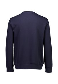 Marinblå crewneck sweatshirt tillverkad av mjuk bomull, med långa ärmar, ribbade muddar och en slät yta utan synliga mönster.