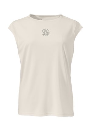 Light beige short-sleeve t-shirt with a round neckline. Features a small circular leaf logo in light gray on the chest. Smooth fabric texture.