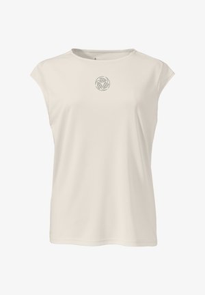 Hellbeige T-Shirt mit kurzen Ärmeln und rundem Ausschnitt. Auf der Brust befindet sich ein kleines, rundes Blattlogo in hellgrau. Glatte Stofftextur.