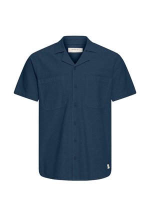 Tumesinine lühikeste varrukatega särk, millel on kaks rinnataskut ja laagri krae, valgel taustal eksponeeritud.