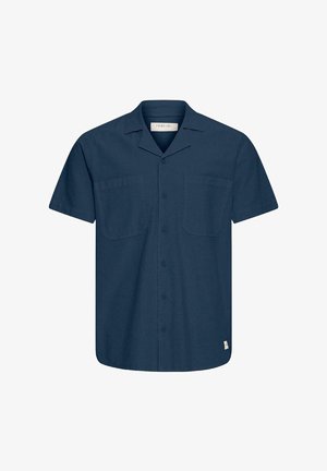 Tumesinine lühikeste varrukatega särk, millel on kaks rinnataskut ja laagri krae, valgel taustal eksponeeritud.