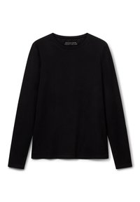 Czarny longsleeve wykonany z organicznej bawełny. Posiada klasyczny okrągły dekolt oraz gładką, miękką fakturę, bez widocznych wzorów.