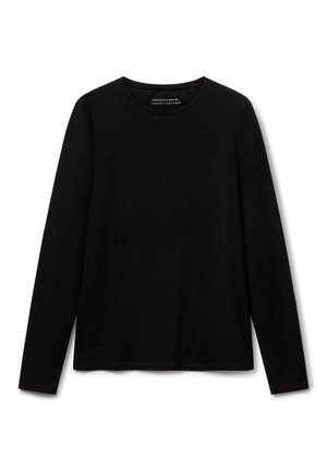 T-shirt a maniche lunghe nera realizzata in cotone biologico. Presenta un classico colletto rotondo e una texture morbida e liscia senza disegni visibili.