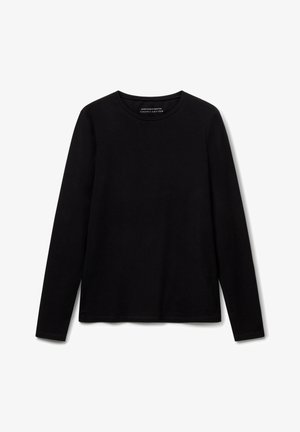 Schwarzes langärmeliges T-Shirt aus Bio-Baumwolle. Verfügt über einen klassischen Rundhalsausschnitt und eine glatte, weiche Textur ohne sichtbare Muster.