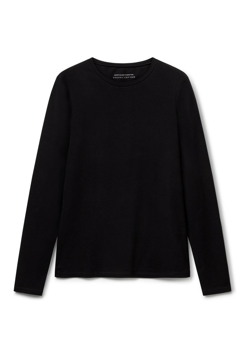 Schwarzes langärmeliges T-Shirt aus Bio-Baumwolle. Verfügt über einen klassischen Rundhalsausschnitt und eine glatte, weiche Textur ohne sichtbare Muster.