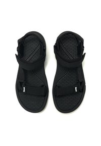 Sandalias negras de punta abierta con un patrón texturizado de panal, correas ajustables y una suela acolchada para mayor comodidad y soporte.