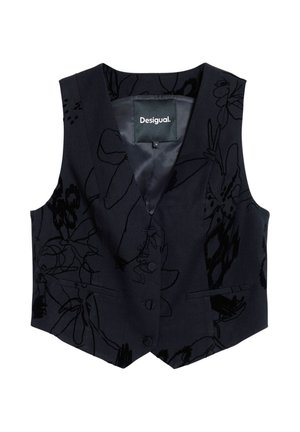 Gilet nero senza maniche con motivo floreale in un tessuto testurizzato. Presenta un colletto a V, due tasche frontali e chiusura con bottoni. Etichetta del marchio visibile all'interno.