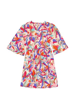 Robe à manches courtes avec un motif floral abstrait coloré dans des teintes de rose, rouge, bleu et beige ; ceinture élastique pour un ajustement parfait.
