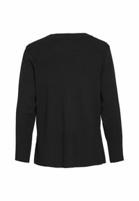 Pull en tricot noir à manches longues, avec un col rond et un ourlet côtelé. Le tissu semble doux et texturé, sans motifs.