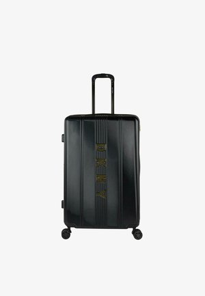 Maleta rígida negra con superficie texturizada, dos ruedas negras, un mango retráctil y un prominente logo dorado "DKNY" en la parte frontal.