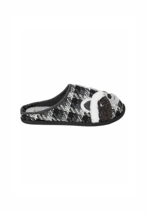 Zapatilla con estampado de cuadros en blanco y negro con diseño de cara de perro, incluyendo orejas, ojos y un detalle de cuello blanco esponjoso en la parte delantera.