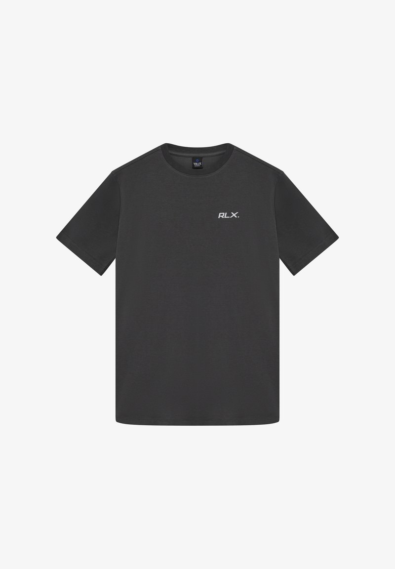 Zwarte katoenen T-shirt voor heren met korte mouwen, voorzien van een ronde hals en een wit "RLX." logo op het linkerborstgebied. Glad oppervlak.