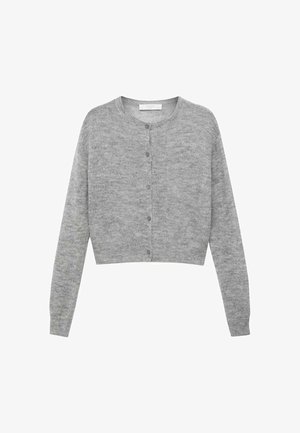 Gray cropped cardigan made of soft material, features long sleeves, round neck, and a button closure at the front.