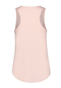 Top sin mangas de color rosa claro con cuello redondo, dobladillo curvado y tela suave y lisa. Presenta un diseño sencillo sin patrones ni detalles.