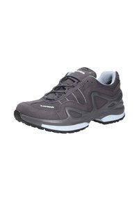 Grauer Sport Schuh mit einer strukturierten Oberseite, ausgestattet mit weißen Akzenten und einer ausgeprägten Profilsohle für Grip und Unterstützung. Elastische Schnürsenkel sind enthalten.
