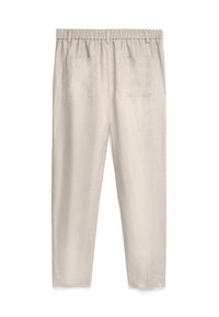 Pantalon en lin beige clair avec taille élastique, deux poches plaquées à l’arrière et coupe droite, présenté sur fond blanc.