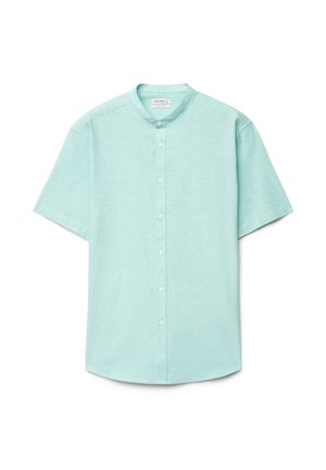 Camicia verde menta a manica corta con bottoni e collo alla coreana, realizzata in tessuto leggero.
