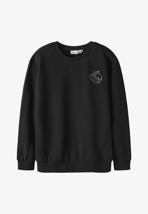 Zwarte pullover met ronde hals gemaakt van een katoenen mix, met een klein gedrukt logo op de borst en geribbelde manchetten en onderrand.