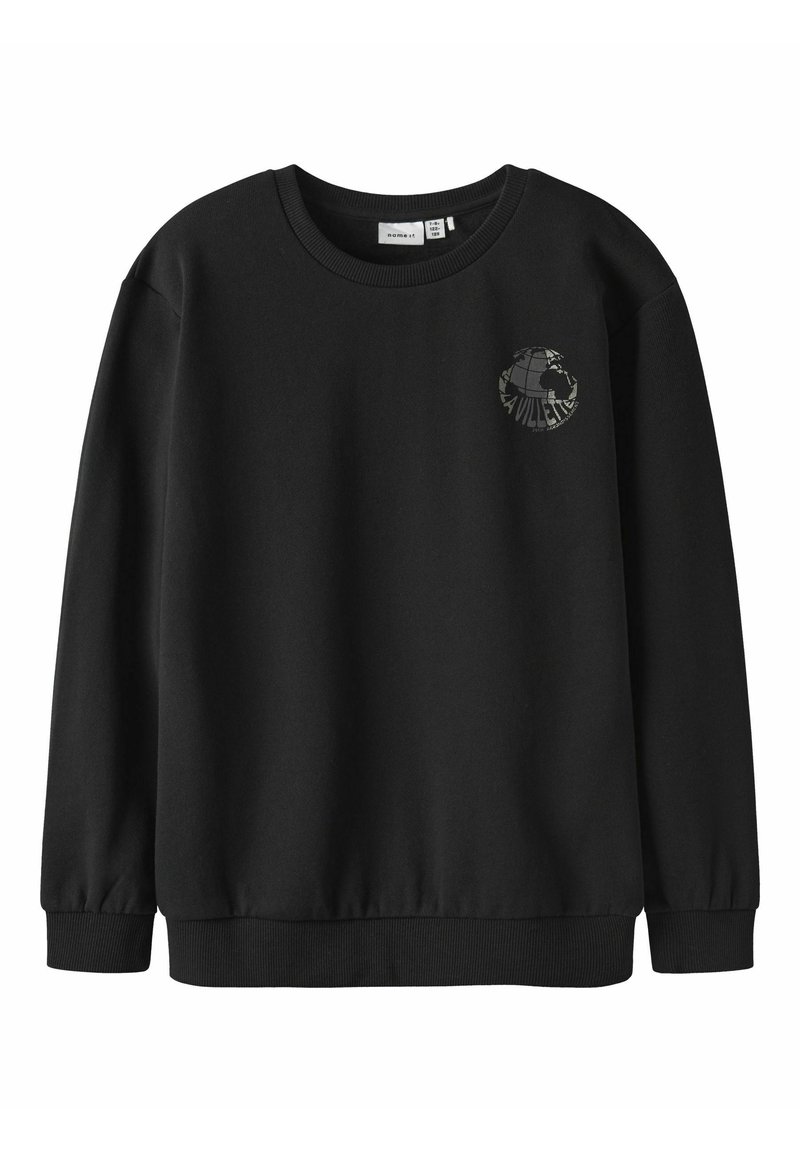 Melnās crew neck sporta jakas, izgatavotas no kokvilnas un sintētisko šķiedru maisījuma, ar mazu izdrukātu logotipu uz krūšu daļas un ribotiem aprocēm un apakšmalu.
