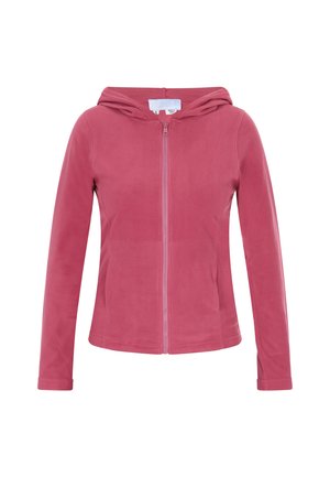 Rozā flīsa jaka ar garām piedurknēm, ar aukliņu kapuci un gludu tekstūru. Iezīmē pilnu priekšējo rāvējslēdzēju un pieguļošu dizainu.