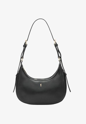 Czarna skórzana torba na ramię z metalowymi elementami w złotym odcieniu, regulowanym paskiem i małym złotym logo na środku z przodu.