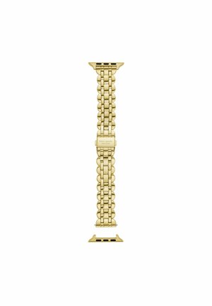Cinturino dell'orologio color oro con un design intrecciato, dotato di una chiusura che riporta la scritta "kate spade New York" e due connettori a ciascun estremo.