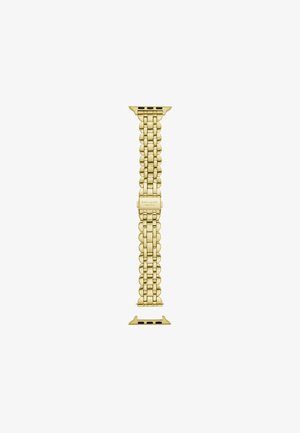Cinturino dell'orologio color oro con un design intrecciato, dotato di una chiusura che riporta la scritta "kate spade New York" e due connettori a ciascun estremo.