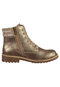Bottine bronze métallique avec fermeture éclair latérale, lacets beiges, col rembourré et semelle en caoutchouc épaisse.