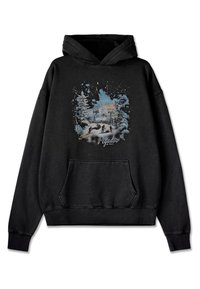 Μαύρη φούτερ με κουκούλα, featuring graphic μπροστινής πλευράς ενός χειμερινού τοπίου με σκιέρ, δέντρα και αναβατήρα, με απαλή υφή και μπροστινή τσέπη.