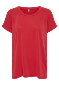T-shirt rossa a maniche corte realizzata in tessuto morbido, con scollo rotondo e maniche arrotolate. Design semplice senza fantasie o dettagli.
