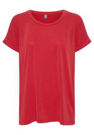 Tricou scurt roșu, dintr-un material neted, cu guler rotund și mâneci rulate. Design simplu, fără modele sau accente.