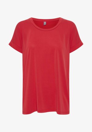 Tricou scurt roșu, dintr-un material neted, cu guler rotund și mâneci rulate. Design simplu, fără modele sau accente.