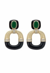 Gold-tone earrings with black and green enamel, curved rectangular shape, and rows of small clear crystals on the bottom and center sections.