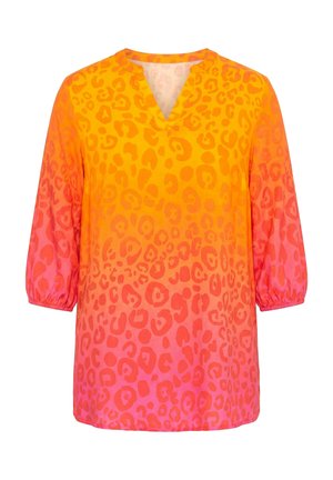 Damenbluse mit 3/4-Ärmeln, V-Ausschnitt und einem Farbverlauf von Orange zu Pink mit Leopardenmuster.