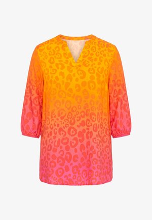 Damenbluse mit 3/4-Ärmeln, V-Ausschnitt und einem Farbverlauf von Orange zu Pink mit Leopardenmuster.