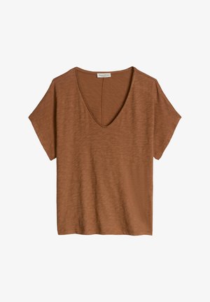 Braunes Kurzarm-V-Ausschnitt-T-Shirt mit lockerem Schnitt und subtil strukturierter Stoff, Etikett mit der Aufschrift Marc O'Polo am hinteren Kragen.