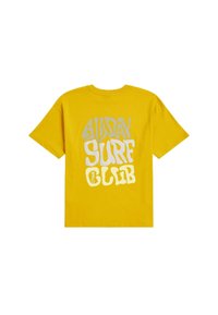 T-shirt en coton jaune avec un grand imprimé graphique en blanc et gris clair affichant "ALDAY SURF CLUB" au dos. Coupe classique.