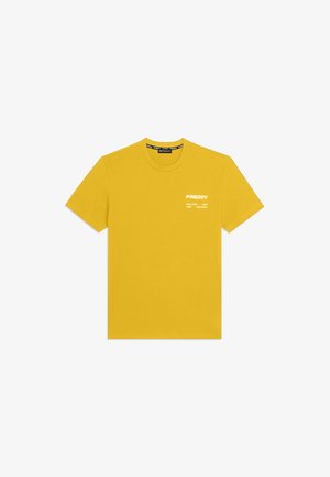 Maglietta gialla a maniche corte con collo rotondo, logo "FREDDY" bianco piccolo e scritta sul petto a sinistra, con dettaglio marchiato all'interno del colletto.