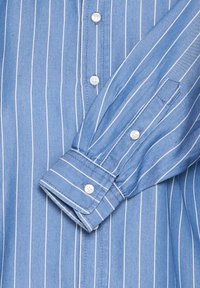 Camicia a righe blu e bianche con colletto button-down, bottoni bianchi e una texture in cotone morbido, arricchita da dettagli delle maniche arrotolate.