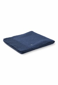 Navy blue wool throw blanket with a smooth texture and ribbed detail along one edge. Folded neatly for presentation.