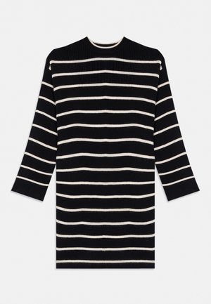 Robe noire en maille à manches longues avec rayures blanches horizontales, encolure ronde et texture côtelée, présentée à plat sur fond blanc.