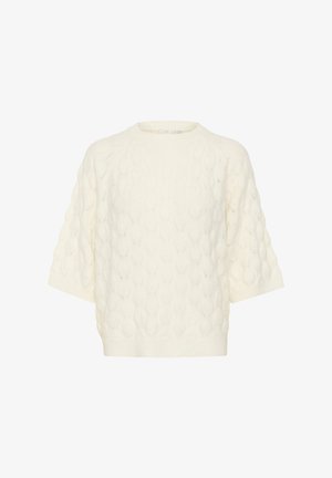 Weißer Strickpullover mit kurzen Ärmeln, rundem Halsausschnitt, strukturiertem Zopfmuster und lässiger Passform. Aus weichem, leichtem Material.