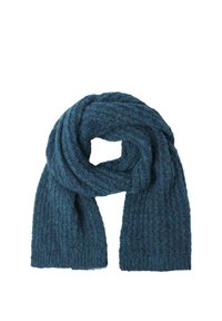 Écharpe en teal foncé douillette, faite d'un mat�ériau en tricot texturé, présentant un motif côtelé et une finition douce, drapée en style en boucle.