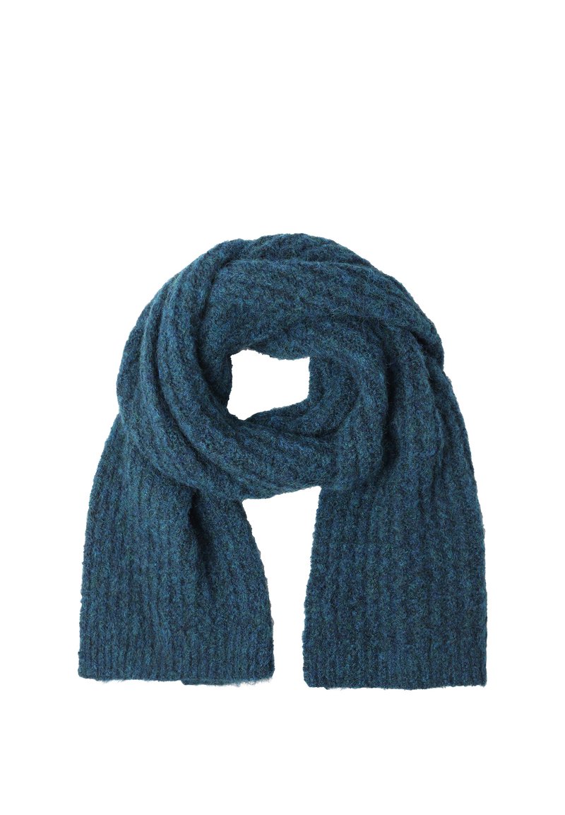 Écharpe en teal foncé douillette, faite d'un matériau en tricot texturé, présentant un motif côtelé et une finition douce, drapée en style en boucle.